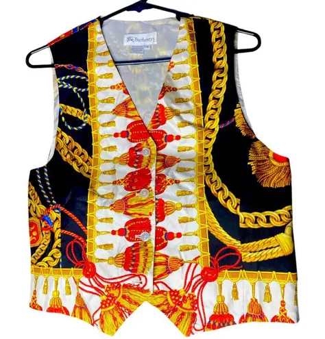 Vintage Burberry's Silk Tassel and Chain Print Vest, Black & Gold, Size S