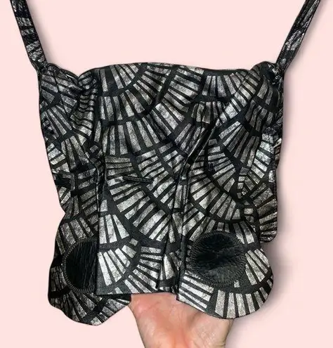 Groovy vintage black and silver metallic slouch hobo bag crossbody ruffle unique