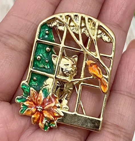 Vintage DANECRAFT Cat Bird Brooch Gold