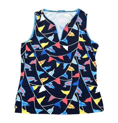 J. McLaughlin Women Navy Blue Nautical Flag Print Sleeveless V-Neck Tank Top S