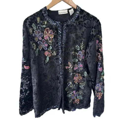 Vintage Draper's & Damon's Floral Velvet Beaded Sequin Open Evening Jacket L Black Size L