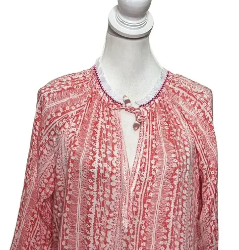 Poupette St. Barth Silk Tassel Print Tie Peasant Blouse Fringe Trim Top Womens S