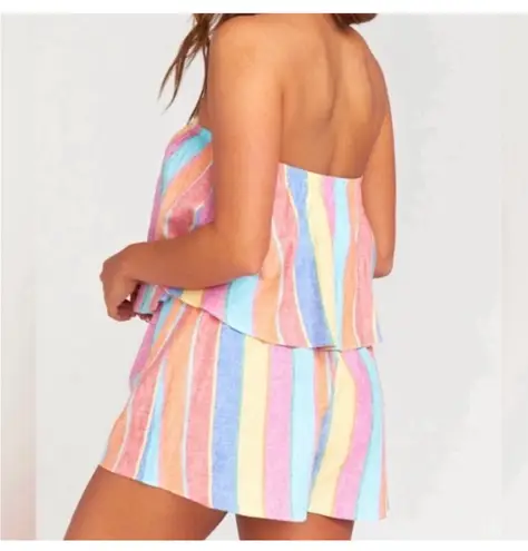 Show Me Your Mumu Linen Blend Thelma Strapless Stripe Romper in Beachy