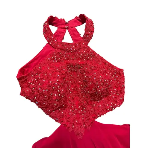 Betsy and Adam Red Rhinestone Halter Evening Gown Formal Dress - Size 4