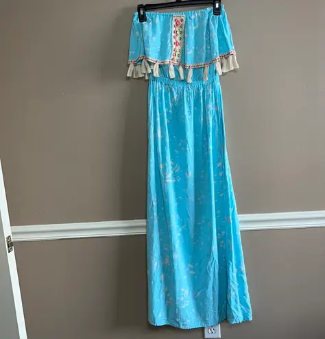 Skemo Women’s light blue bleach spotted tasseled sleeveless maxi dress