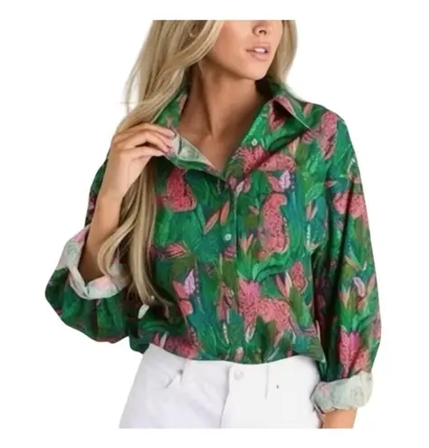 Palms Away Top Women L Green Pink Linen Button Down Shirt Spring Leopard Novelty Size L