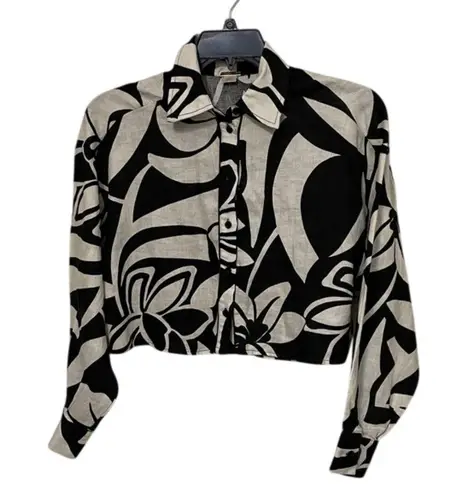 Magaschoni Black & White Floral Linen Cropped Jacket Top Womens Size Small Boxy