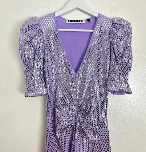 ROTATE Sierina Ruched Puff Sleeve Metallic Midi Dress in Purple Size US 0