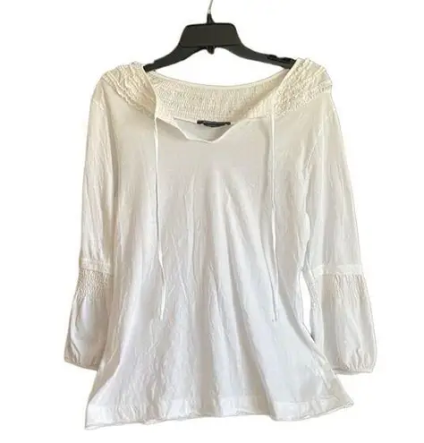 BCBGMAXAZRIA  White smocked neck 100% cotton top. Size Large.