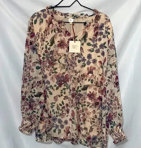 NWT AUTRES FILLES WO SIZE 2X FLORAL GOLD METALLIC THREADS LINED SHEER BLOUSE