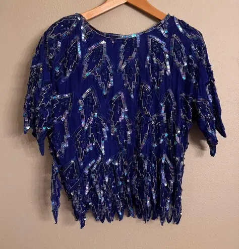 VINTAGE 70s Sequin Embellished Top Blue Size M