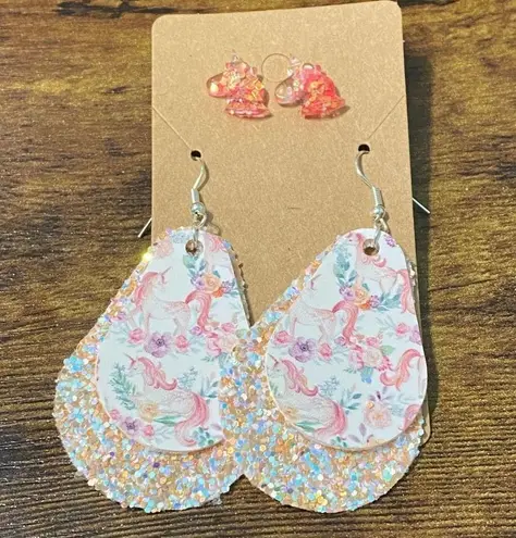 None Women's Glitter Unicorn Earring Set Dangle And Studs Peach Set Vegan Leather