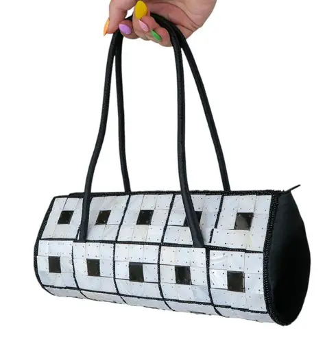 Vintage 80s Mother of Pearl Barrel Bag Black