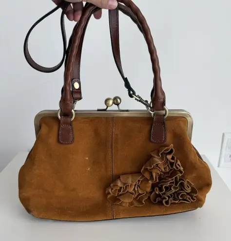 Patricia Nash Rora Frame Satchel Bag Brown Suede Leather Tan Flower Appliqué