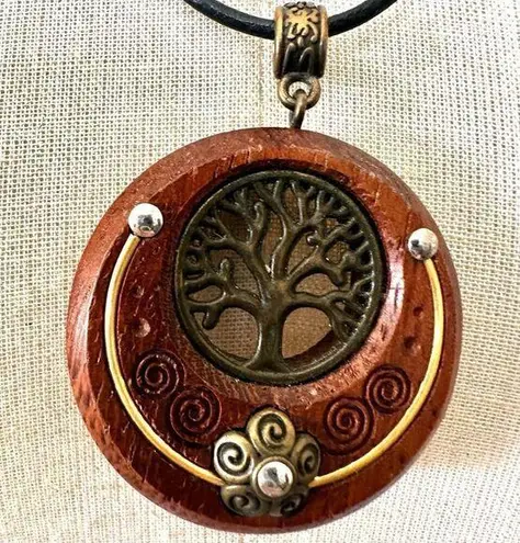 Wood tree of life pendant necklace on cord