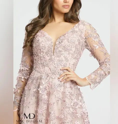 Mac Duggal Pink Floral long Skeeve Lace Applique Deep V Neck ALine Gown Size 14