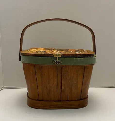 Vintage Basket Purse Molded Floral Velour Wood Lined Picnic Style Green Yellow