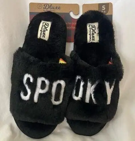 Dearfoams New! Women's Black Dluxe Dearfoam Halloween Slippers SPOOKY memory Foam Small
