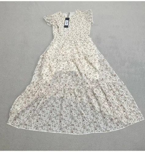 NWT S DEER Sun Dress Cream Floral Smocked Ruffle Sleeve Summer Spring S.Deer Mid Brown