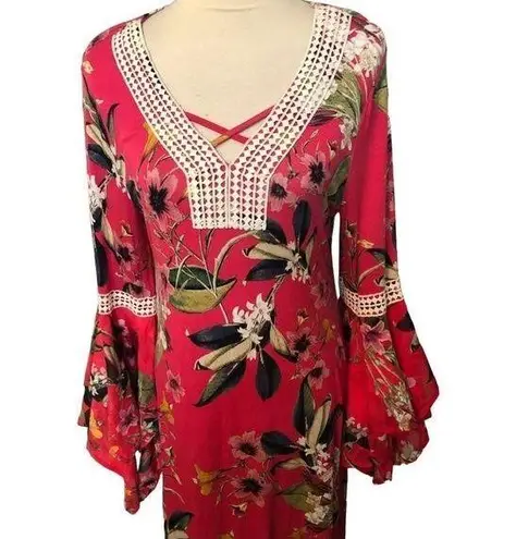 cupio  Ladies Size M Pink Floral Flutter Bell Sleeve Knit Dress mixed media sleev