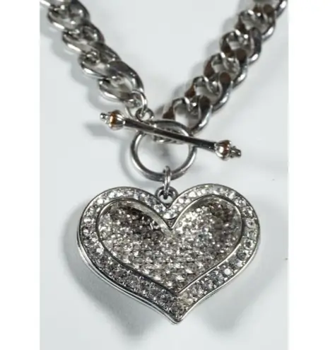 Large Rhinestone Heart Charm Pendant Collar Link Toggle Clasp Necklace
