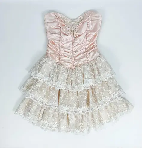 Vintage 90’s Strapless Satin Corset Mini Dress with Lace Ruffle Skirt | Size XS Pink