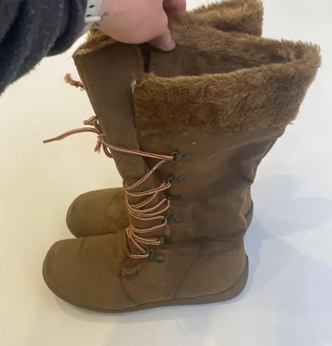 Rocket Dog Tan Lace Up Mid Calf Tan Boots Synthetic Faux Fur Sz 8 Winter Casual