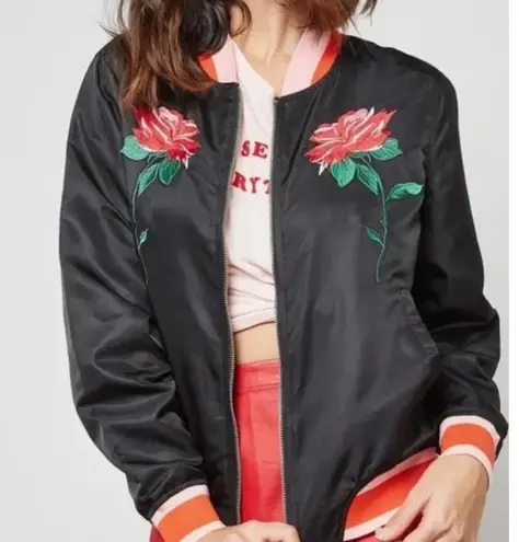 ban.do Rose Satin Bomber Jacket Size XL Black
