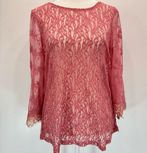 Gimmicks by BKE Sheer Mauve Mixed Lace Bell Sleeve Top w Eyelash Fringe Small