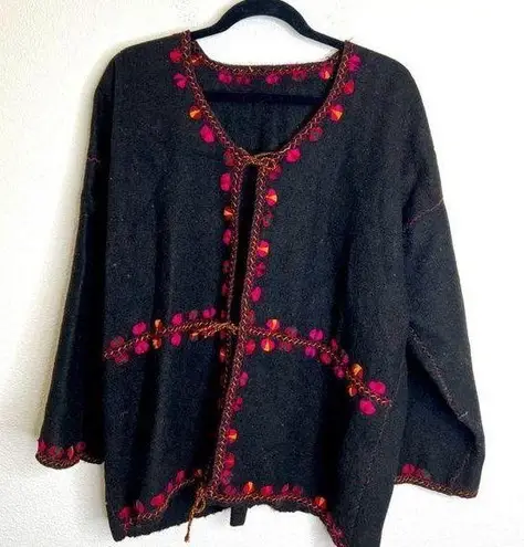 Vintage Vrikke Norwegian Hand Embroidered Trim Wool Jacket Open Tie Closure L Size L