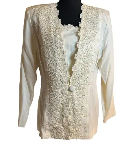 Vintage R&M Richards by Karen Kwong Ivory Lace Appliqué Blazer Top White Size 12P