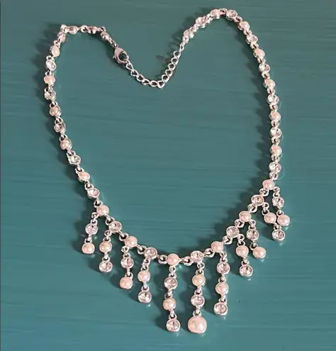 Waterfall Rhinestone Pearl and Silver Bridal Prom Formal Occasion Necklace