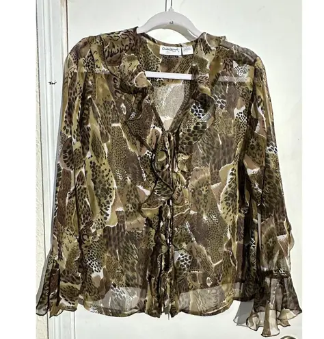 Claudia Richard Brown Sheer Crinkle Effect Animal Print Blouse Size L Size L