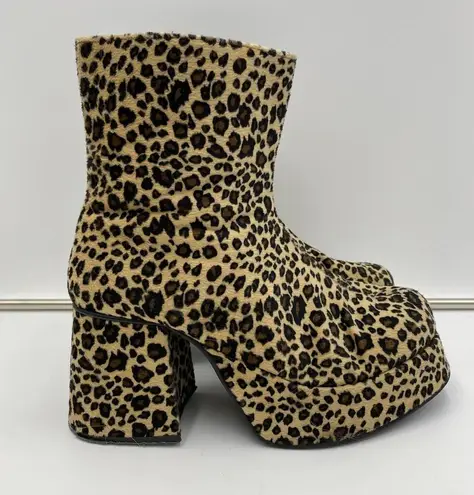 Vtg Plats Leopard Plush Platform Super Chucky Ankle Boots Size 10 Disco Funky
