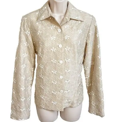 Maggy London Silk Floral Embroidered Blazer Jacket Beige Single Breasted 6