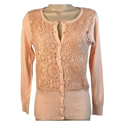 Blu Moon Soft Pink Long Sleeve Lace Overlay Silk Blend Sweater Size Small