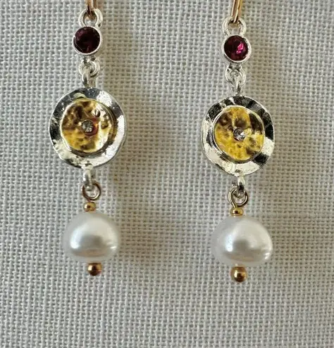 Faux pearl silver gold tone drop earrings