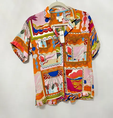 Maeve Anthropologie bon voyage loose maximalist short sleeve button down