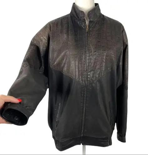 VTG Comint Leather Jacket with croc details and shoulder pads Size Large Brown