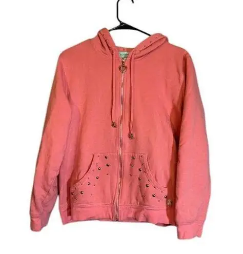 Silver Wear Pink Long Sleeve Hooded Studded Trim Sweat Jacket Women Sz L Size L