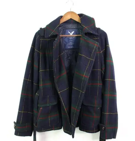 American Eagle  Plaid Double Breasted Pea Coat Navy M