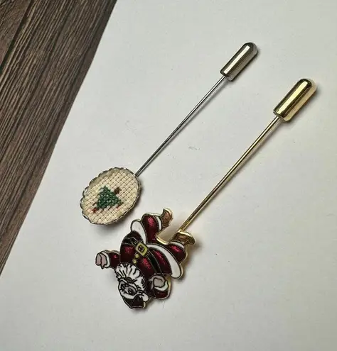 Enamel Santa Claus & Embroidered Christmas Tree Lapel Stick Pin Lot Of 2