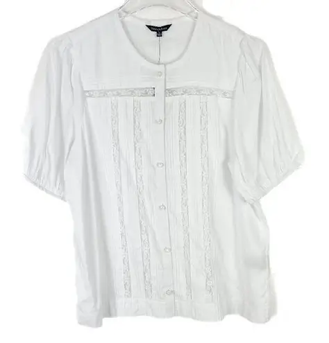 NWT Violets & Roses Puff Sleeve Lace Detail Button Front Shirt Size Medium M NEW White