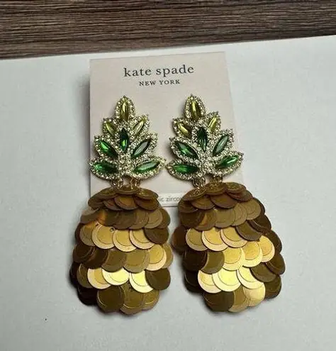 Kate Spade By The Pool Pineapple Fruit Sequin Rhinestone Pierced Dangle Earrings Gold