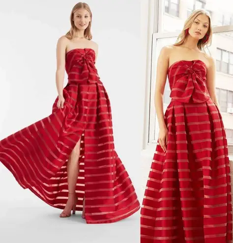Sachin & Babi Reese Striped Bow Strapless Ball Gown Slit Maxi Dress Red Size 2