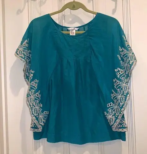 Esley  BOHO GREEN CUTWORK FLOWY BLOUSE SILK COTTON