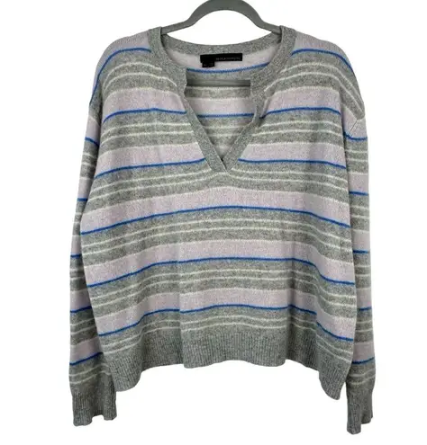 360 Cashmere  Medium Rosa V-Neck Boxy Semi-Cropped Purple Gray Striped Sweater M