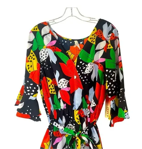 True Destiny Floral Jumpsuit Farm Rio snap closer at chest, belted, wide leg