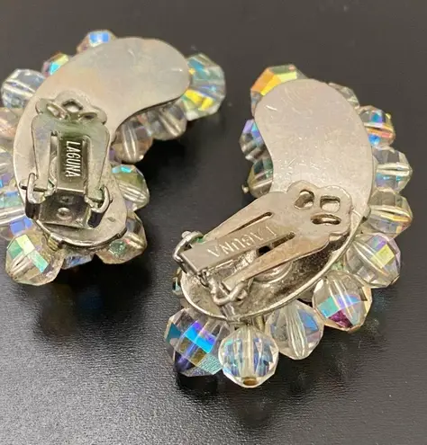 Vintage 50’s LAGUNA Faceted AB Crystal Aurora Borealis Crawler Clip On Earrings White