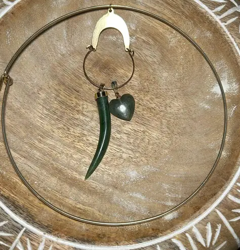 Vintage Gold Tone Choker Green Jade Horn & Heart Pendant Necklace